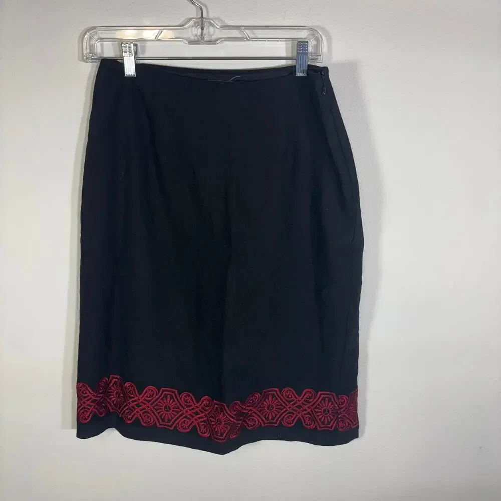 Ann Taylor LOFT 100% Wool Black Pencil Skirt Red Embroidered Hem Womens Size 8
